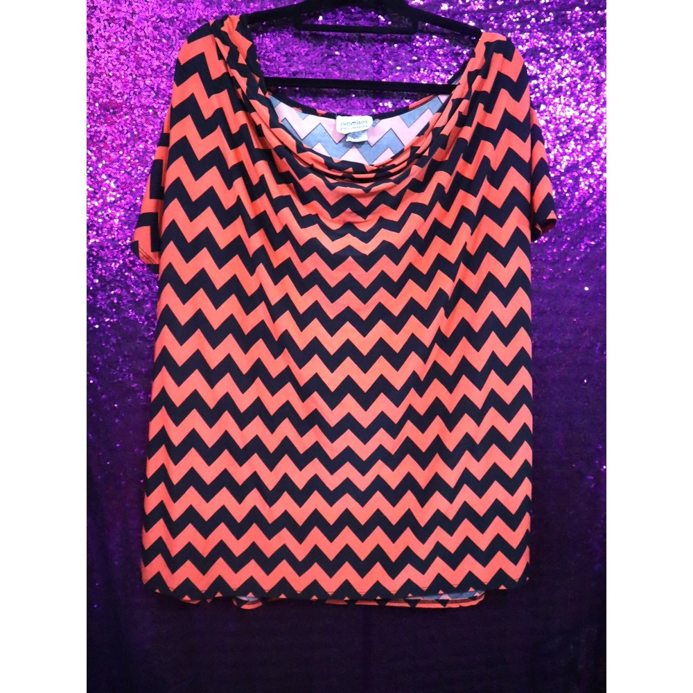 Orange Chevron Top 3X Promises Promises Womens Cowl Neck Short Sleeve Y2K